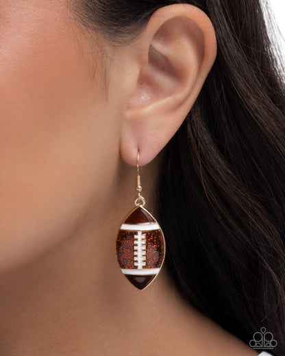 Football Facade - Brown Glittery Enamel Football Gold Fishhook Earrings - Paparazzi Accessories