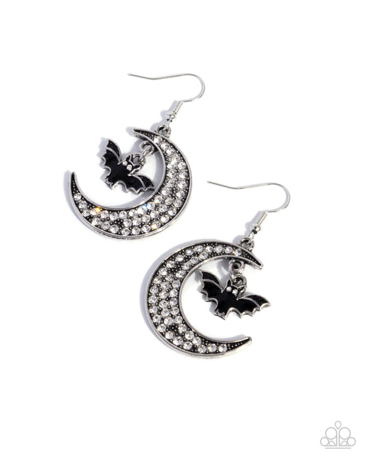 Handcrafted Halloween - Black Enamel Bat, White Rhinestone Crescent Moon Silver Fishhook Earrings - Paparazzi Accessories