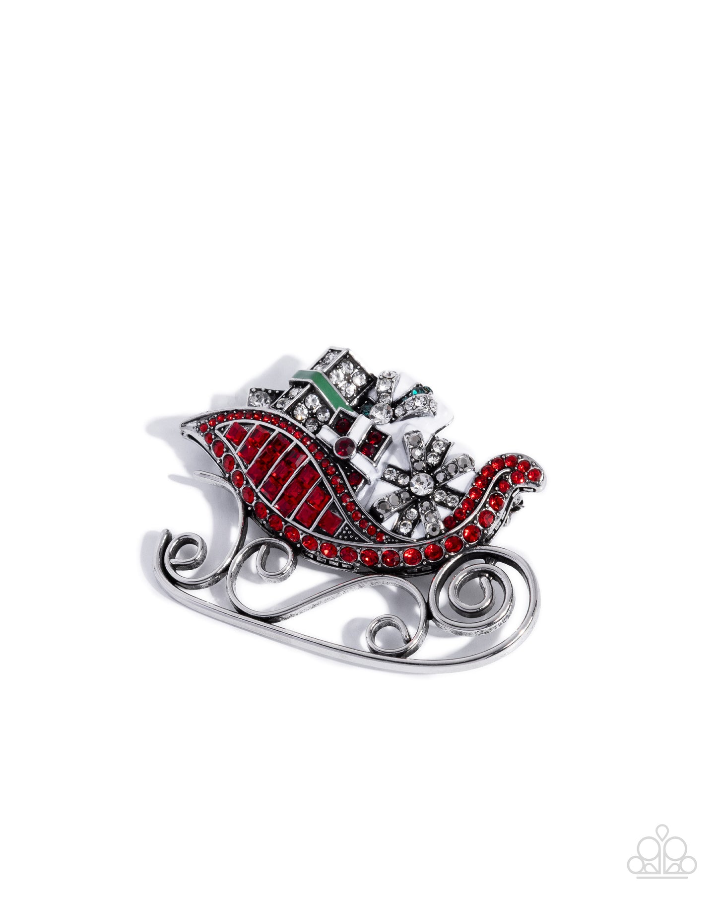 Sledding Shimmer - Red & White Rhinestone Silver Brooch - Paparazzi Accessories