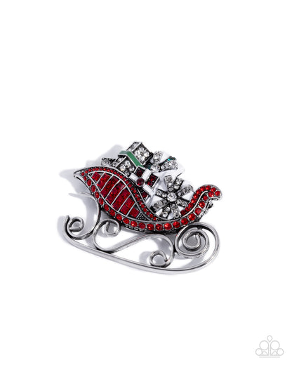 Sledding Shimmer - Red & White Rhinestone Silver Brooch - Paparazzi Accessories