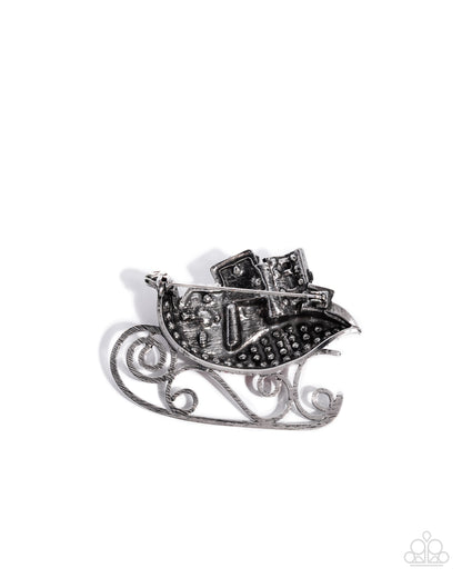 Sledding Shimmer - Red & White Rhinestone Silver Brooch - Paparazzi Accessories