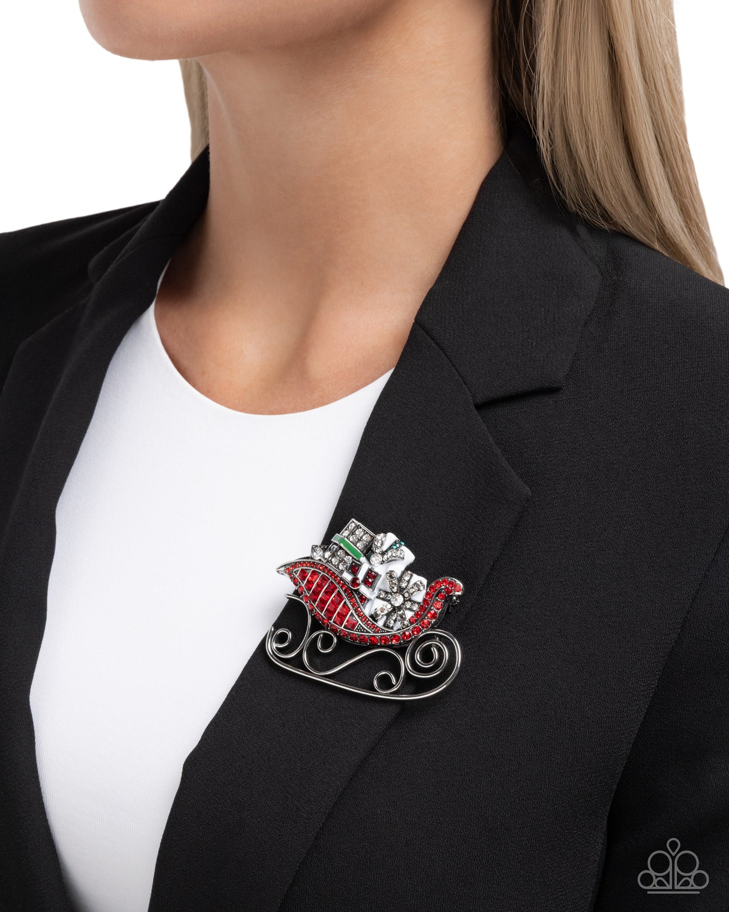 Sledding Shimmer - Red & White Rhinestone Silver Brooch - Paparazzi Accessories
