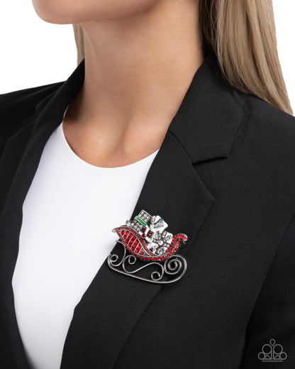 Sledding Shimmer - Red & White Rhinestone Silver Brooch - Paparazzi Accessories