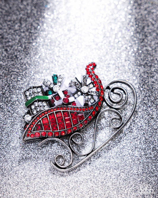 Sledding Shimmer - Red & White Rhinestone Silver Brooch - Paparazzi Accessories