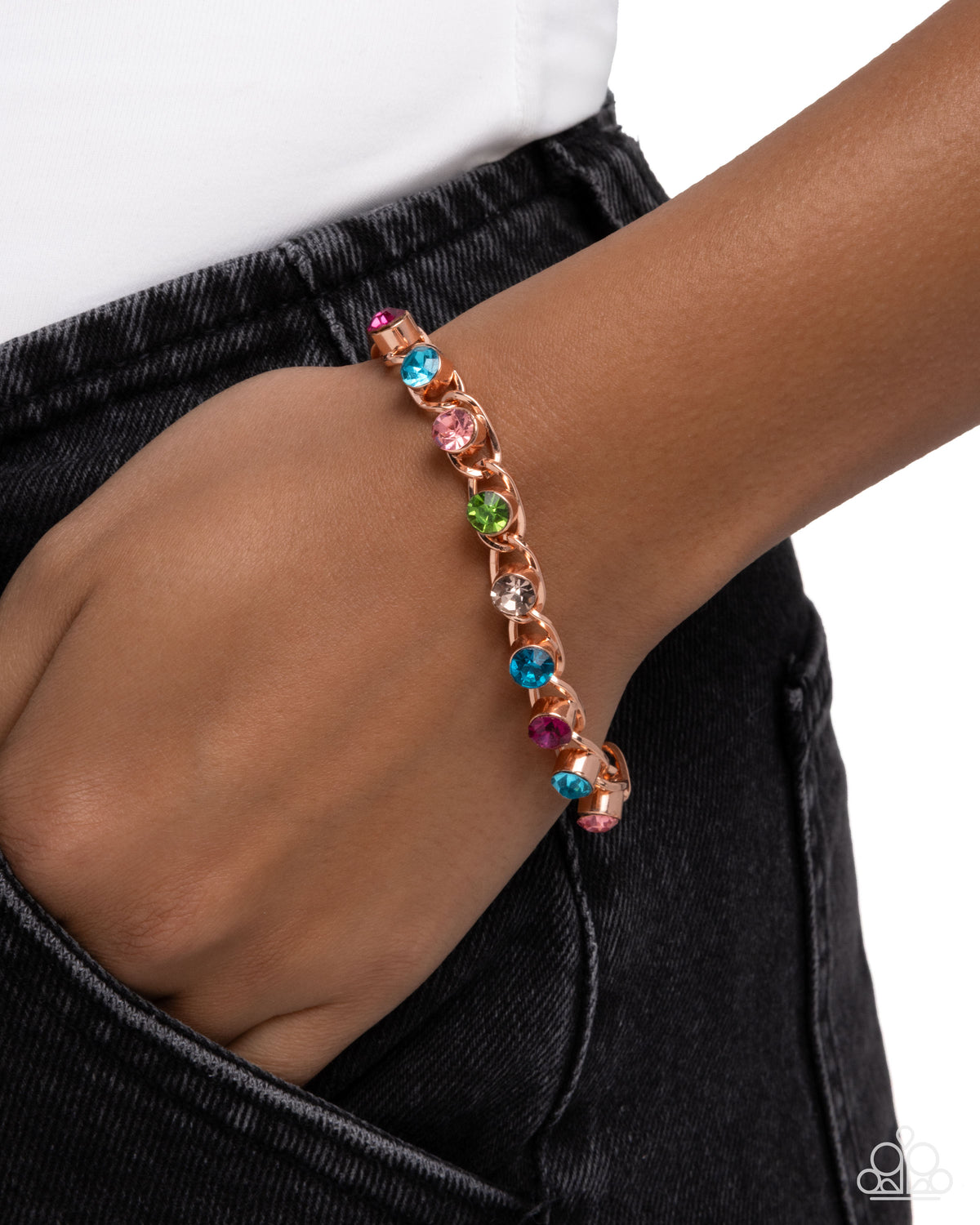 Flashy Finesse - Copper, Multi Rhinestone Bracelet - Paparazzi Accessories