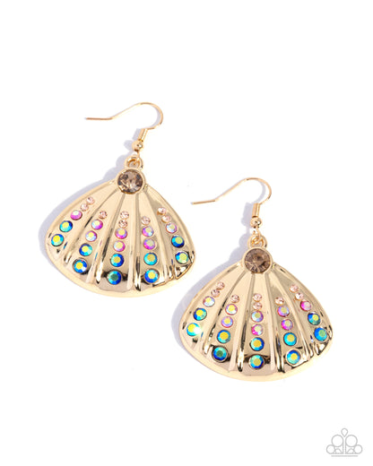 Sophisticated Seashell - Multi Rhinestone, Gold Seashell Earrings - Paparazzi Accessories
