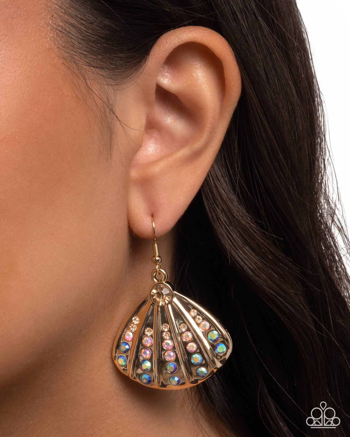 Sophisticated Seashell - Multi Rhinestone, Gold Seashell Earrings - Paparazzi Accessories