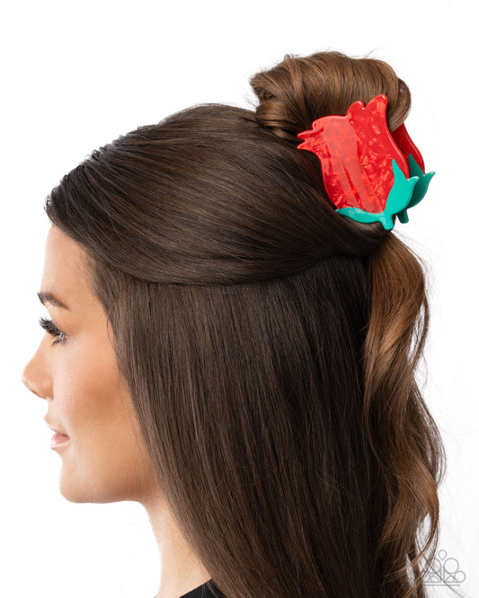 Budding Beacon - Red and Green Rose Claw Clip - Paparazzi Accessories