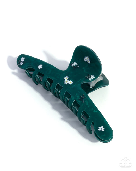 Blooming Breakout - Green & White Flower Claw Clip - Paparazzi Accessories