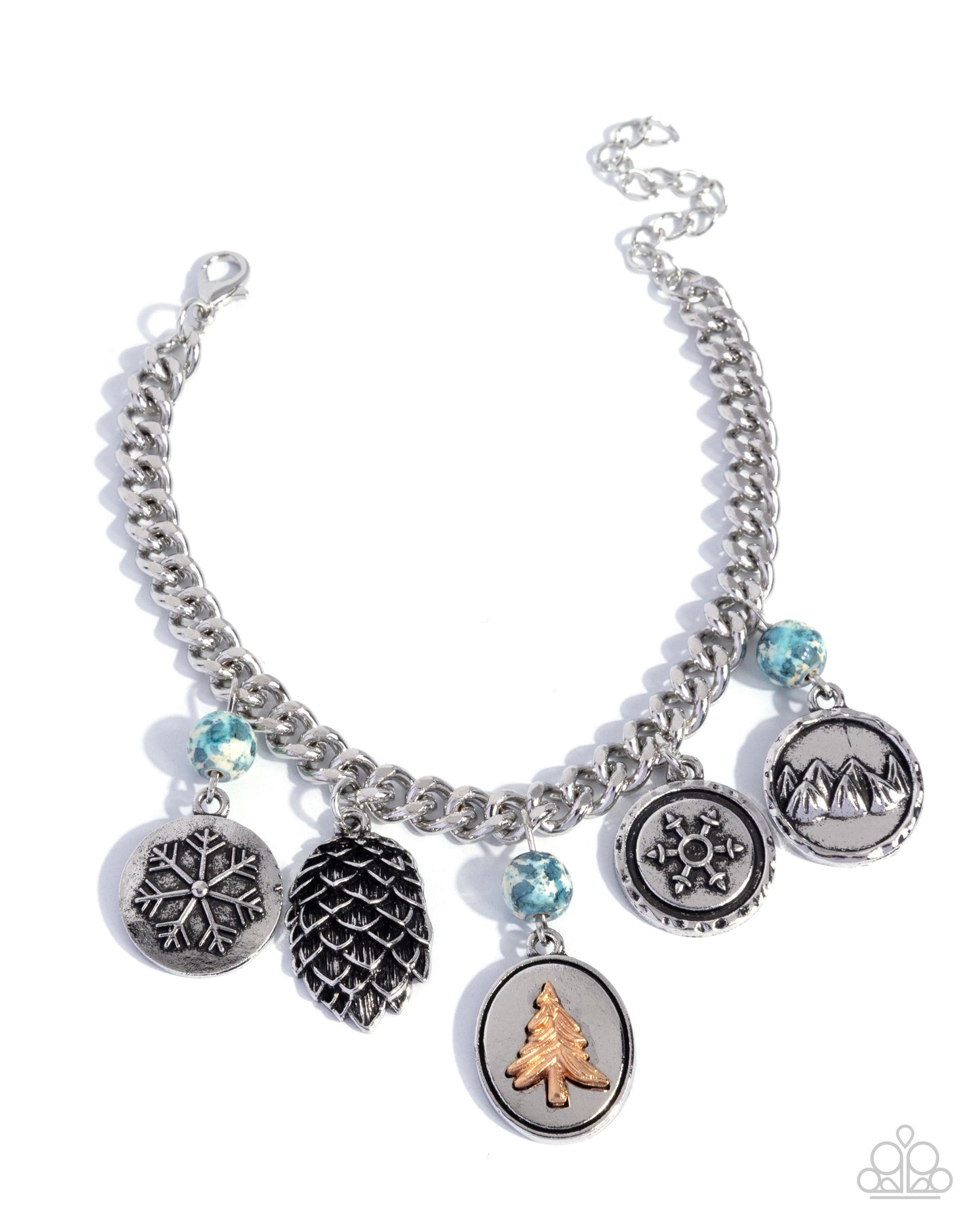 Wilderness Walk - Blue Marbled Stone Beads, Silver Winter Charms Clasp Bracelet - Paparazzi Accessories