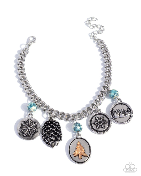Wilderness Walk - Blue Marbled Stone Beads, Silver Winter Charms Clasp Bracelet - Paparazzi Accessories