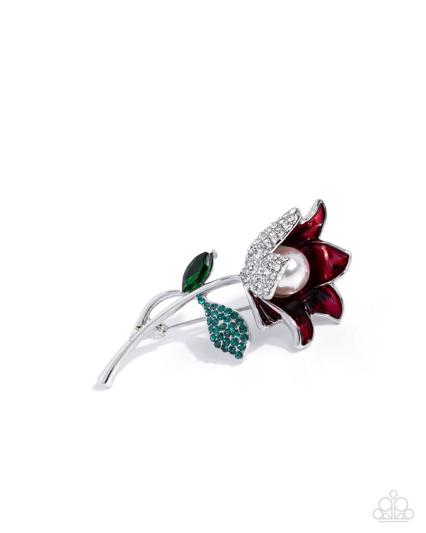 Blooming Busybody - Red Enamel Green Rhinestone White Pearl Flower Silver Brooch - Paparazzi Accessories