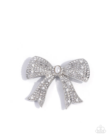 Bow Bravado - White Rhinestone and Pearl Bow Brooch - Paparazzi Accessories