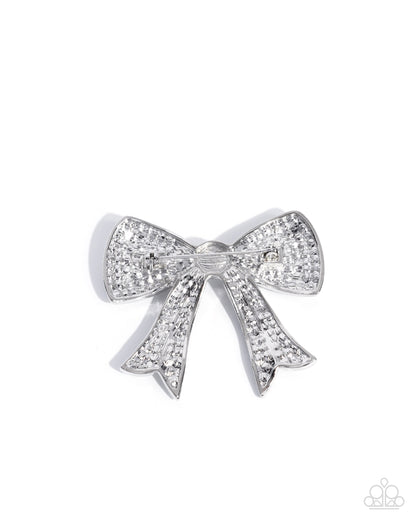 Bow Bravado - White Rhinestone and Pearl Bow Brooch - Paparazzi Accessories