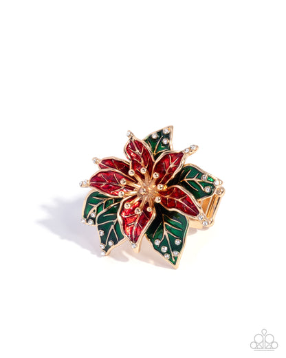 Poinsettia Promise - Red & Green Painted Flower Gold Ring - Paparazzi Accessories