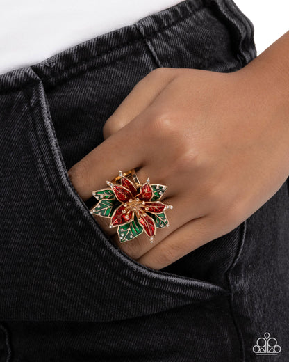 Poinsettia Promise - Red & Green Painted Flower Gold Ring - Paparazzi Accessories