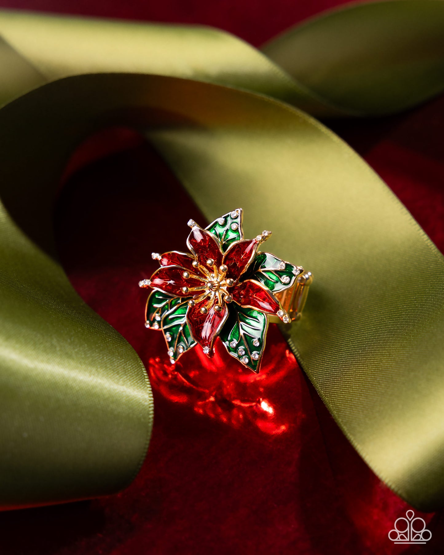 Poinsettia Promise - Red & Green Painted Flower Gold Ring - Paparazzi Accessories