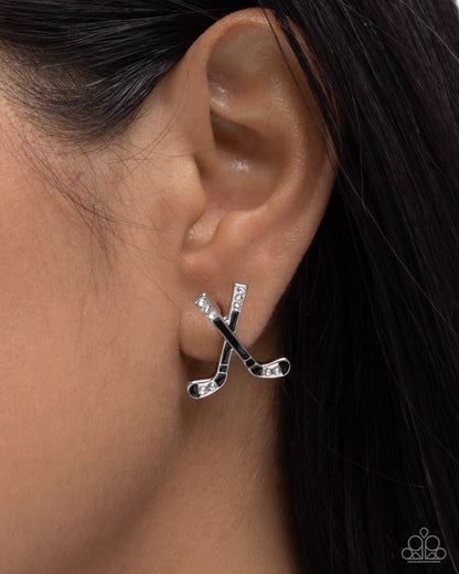 Hockey Haute - Black Enamel Silver Hockey Sticks Post Earrings - Paparazzi Accessories