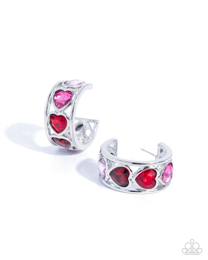 Heartfelt Homage - Red and Pink Rhinestone Heart Hoop Earrings - Paparazzi Accessories