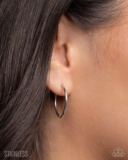 Sinuously Slow - Silver - Stainless Steel Hinge Hoop Earrings - Paparazzi Accessories