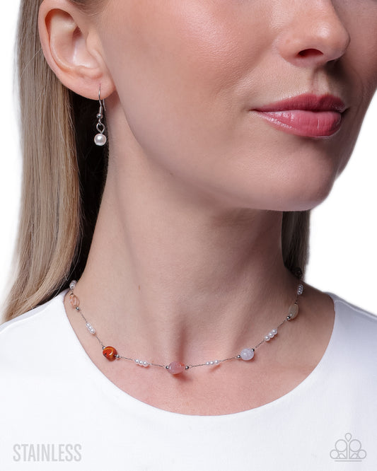Surreal Sunset - Brown Stone, White Pearl, Silver Necklace - Paparazzi Accessories