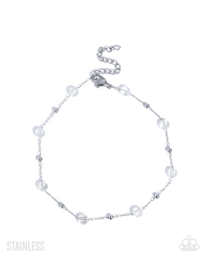 Defaced Dedication - White Beads Stainless Steel Anklet - Paparazzi Accessories