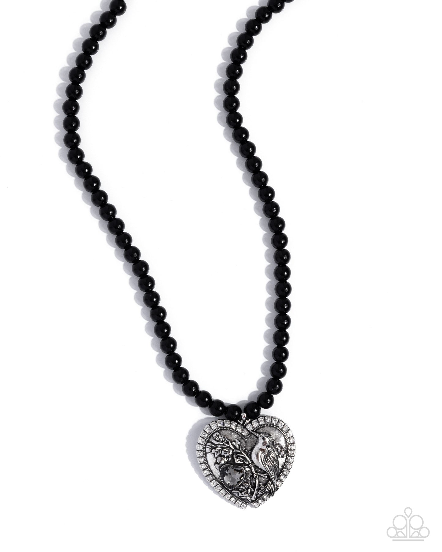 Heartfelt Hummingbird - Black Bead, Silver Heart and Hummingbird Pendant Necklace - Paparazzi Accessories