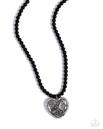 Heartfelt Hummingbird - Black Bead, Silver Heart and Hummingbird Pendant Necklace - Paparazzi Accessories