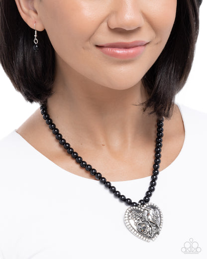 Heartfelt Hummingbird - Black Bead, Silver Heart and Hummingbird Pendant Necklace - Paparazzi Accessories