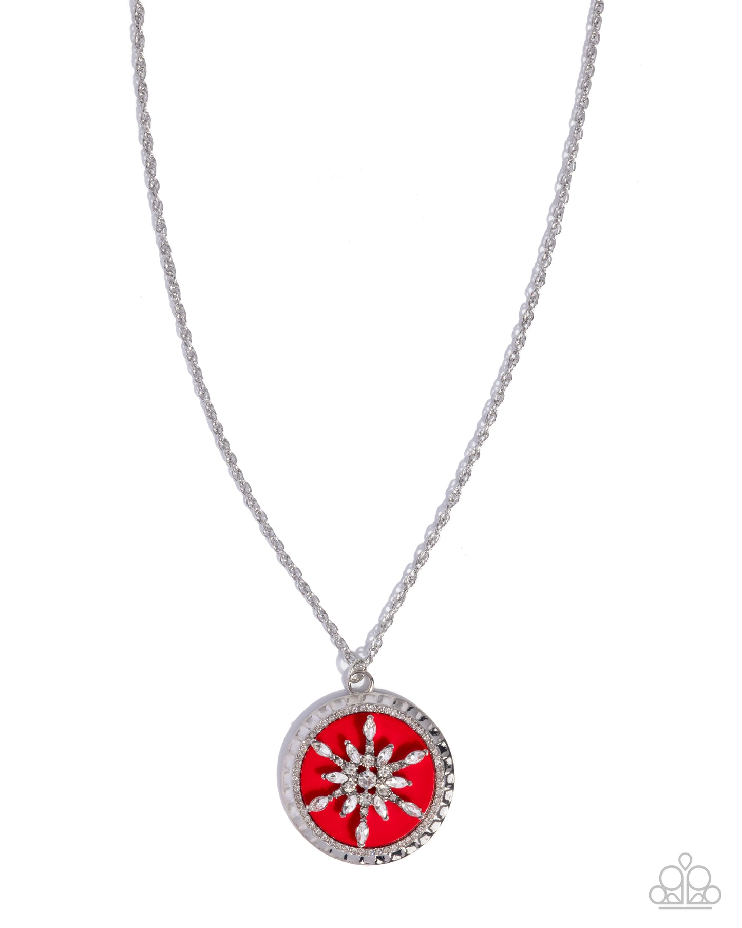Snowflake Story - Red Acrylic, White Rhinestone, Silver Snowflake Pendant Necklace - Paparazzi Accessories