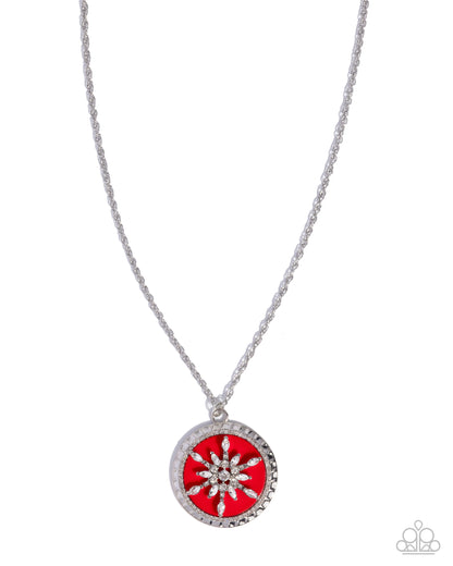 Snowflake Story - Red Acrylic, White Rhinestone, Silver Snowflake Pendant Necklace - Paparazzi Accessories