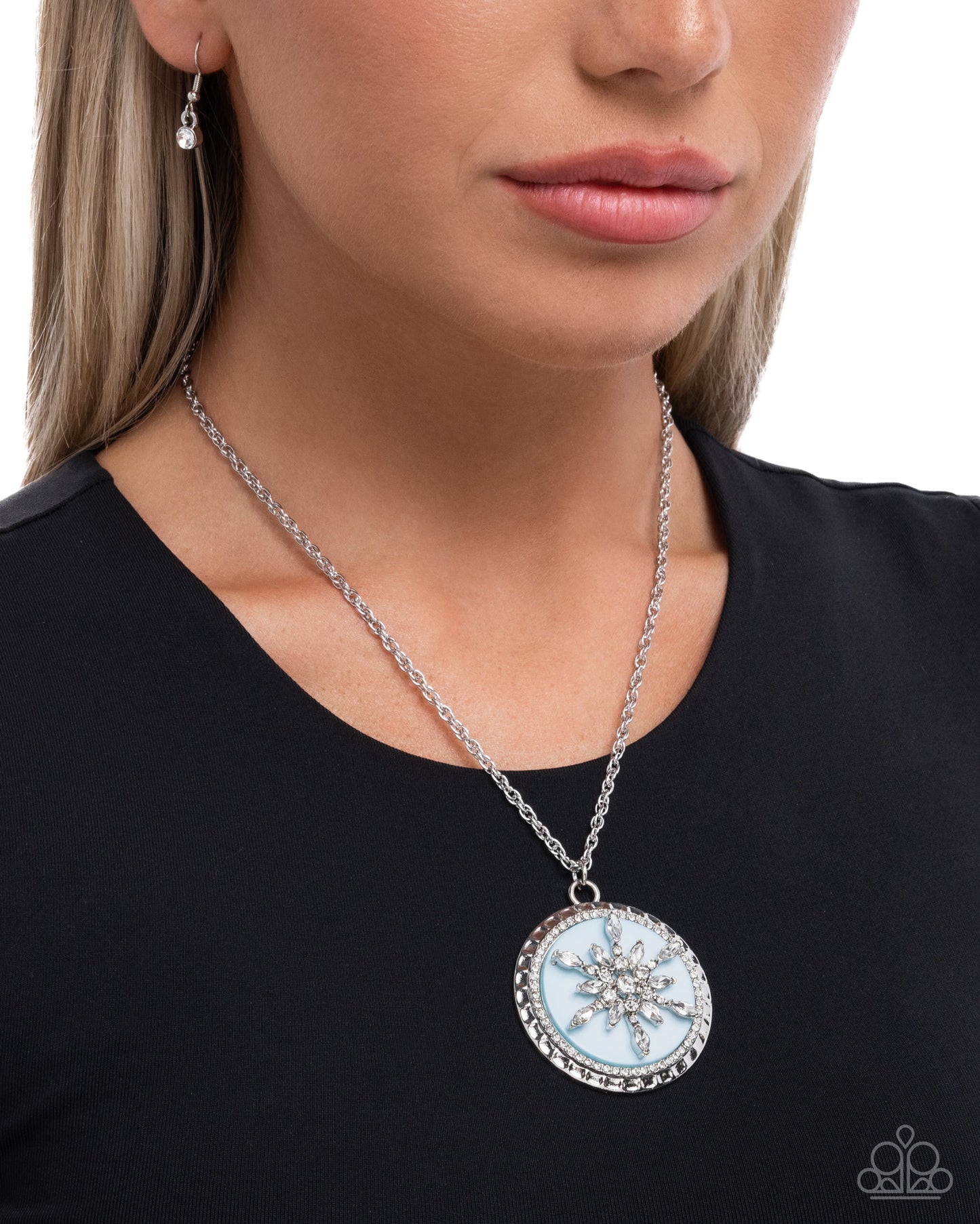 Snowflake Story - Blue Acrylic, White Rhinestone, Silver Pendant Necklace - Paparazzi Accessories