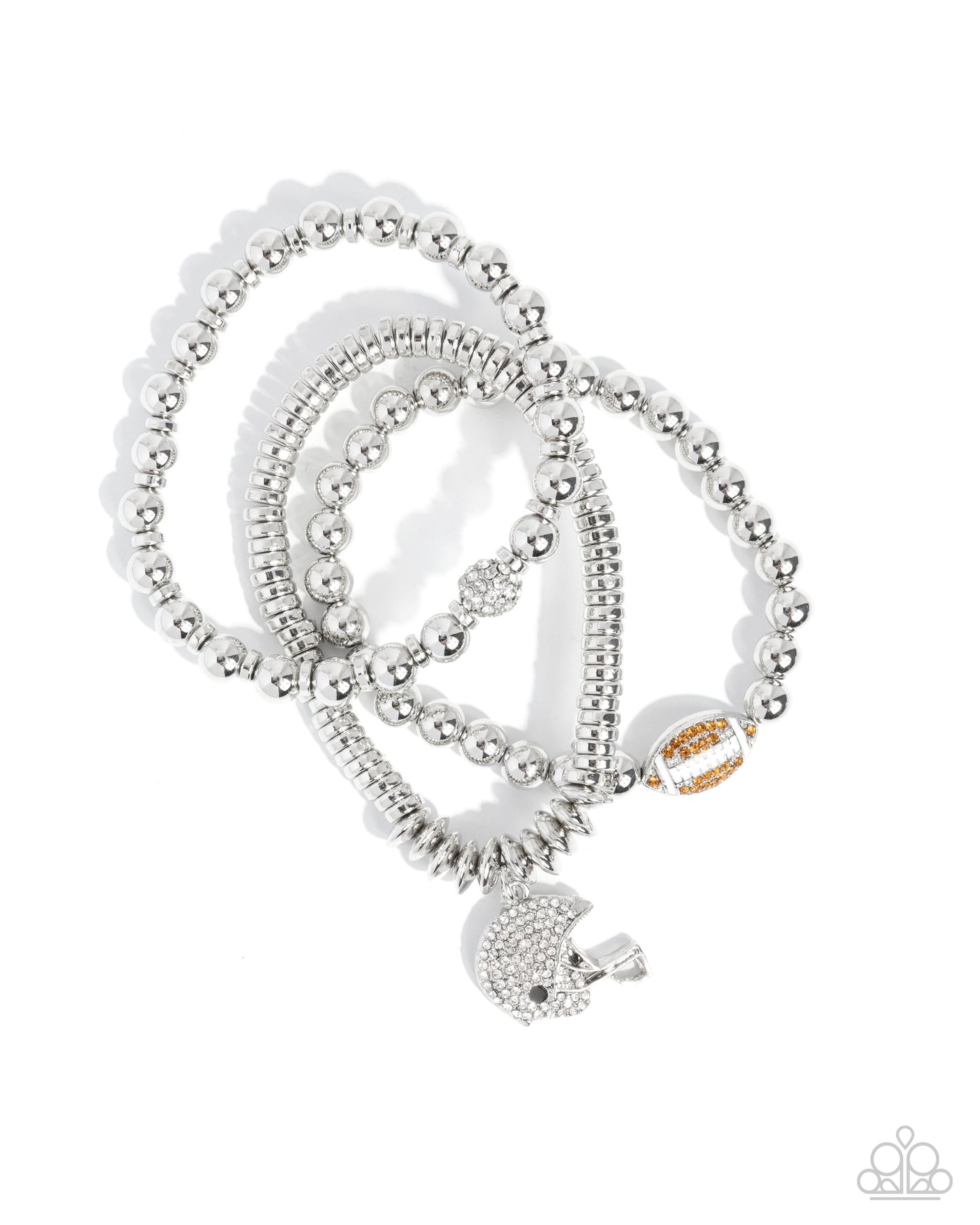 Football Flavor - Brown Rhinestone Football and White Rhinestone Football Helmet Charm Bracelet Stack - Paparazzi Accessories