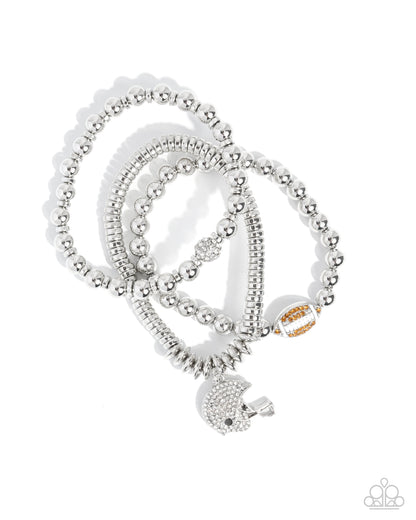 Football Flavor - Brown Rhinestone Football and White Rhinestone Football Helmet Charm Bracelet Stack - Paparazzi Accessories