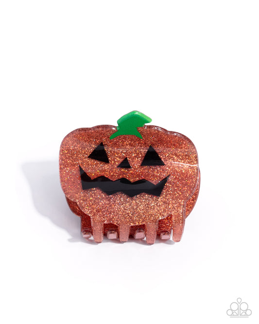 Jubilant Jack-O-Lantern - Orange Glittery Acrylic Pumpkin Claw Clip - Paparazzi Accessories