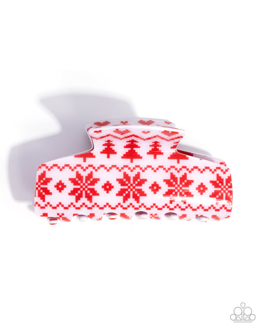 Sweater Style - Red Snowflakes, Christmas Trees & White Acrylic Claw Clip - Paparazzi Accessories