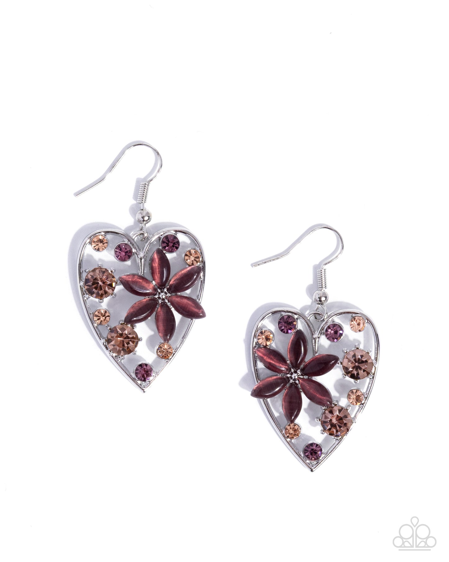 Feminine Freestyle - Purple Cat's Eye Stone Flower Silver Heart Fishhook Earrings - Paparazzi Accessories