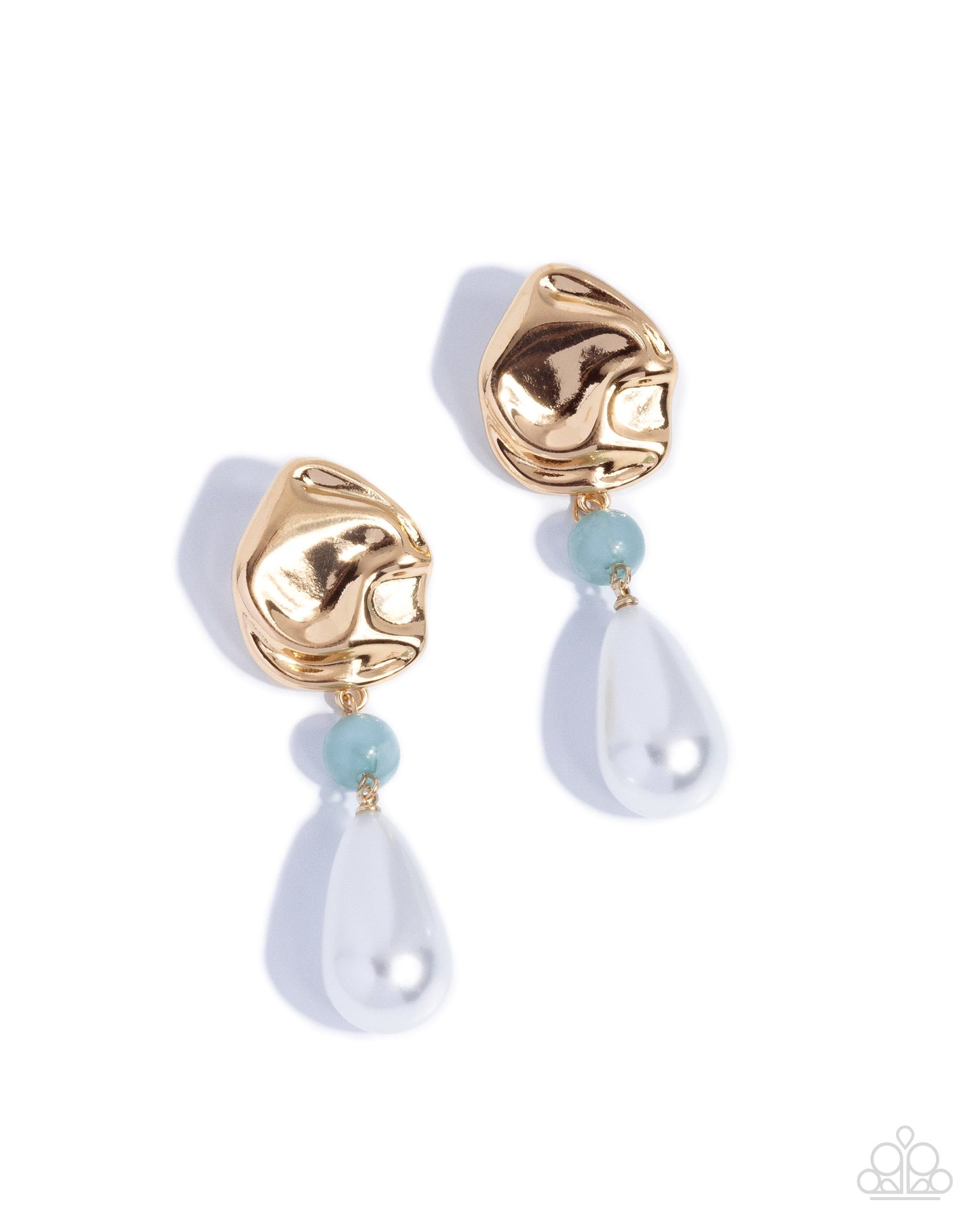 Exquisite Elegance - Green Crackle Stone, Gold, Pearl Earrings - Paparazzi Accessories