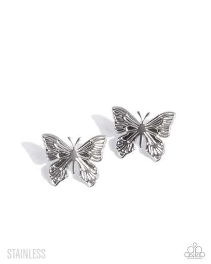 Soaring Sensation - Silver Butterfly Earrings - Paparazzi Accessories
