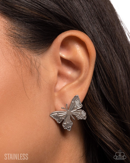 Soaring Sensation - Silver Butterfly Earrings - Paparazzi Accessories