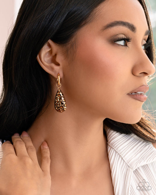 Caged Cheetah - Gold Teardrop Leopard Print Hinge Hoop Earrings - Paparazzi Accessories