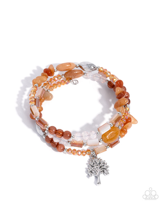 Capricious Collision - Orange Beaded Silver Tree Coil Bracelet - Paparazzi Accessories