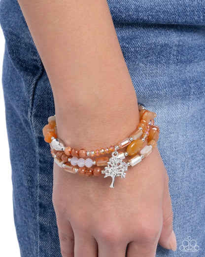 Capricious Collision - Orange Beaded Silver Tree Coil Bracelet - Paparazzi Accessories