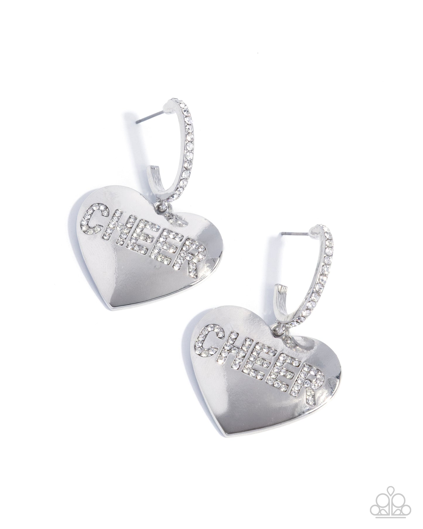 Shimmery Spotter - White Rhinestone, Silver Heart Drop Hoops - Paparazzi Accessories