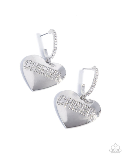 Shimmery Spotter - White Rhinestone, Silver Heart Drop Hoops - Paparazzi Accessories