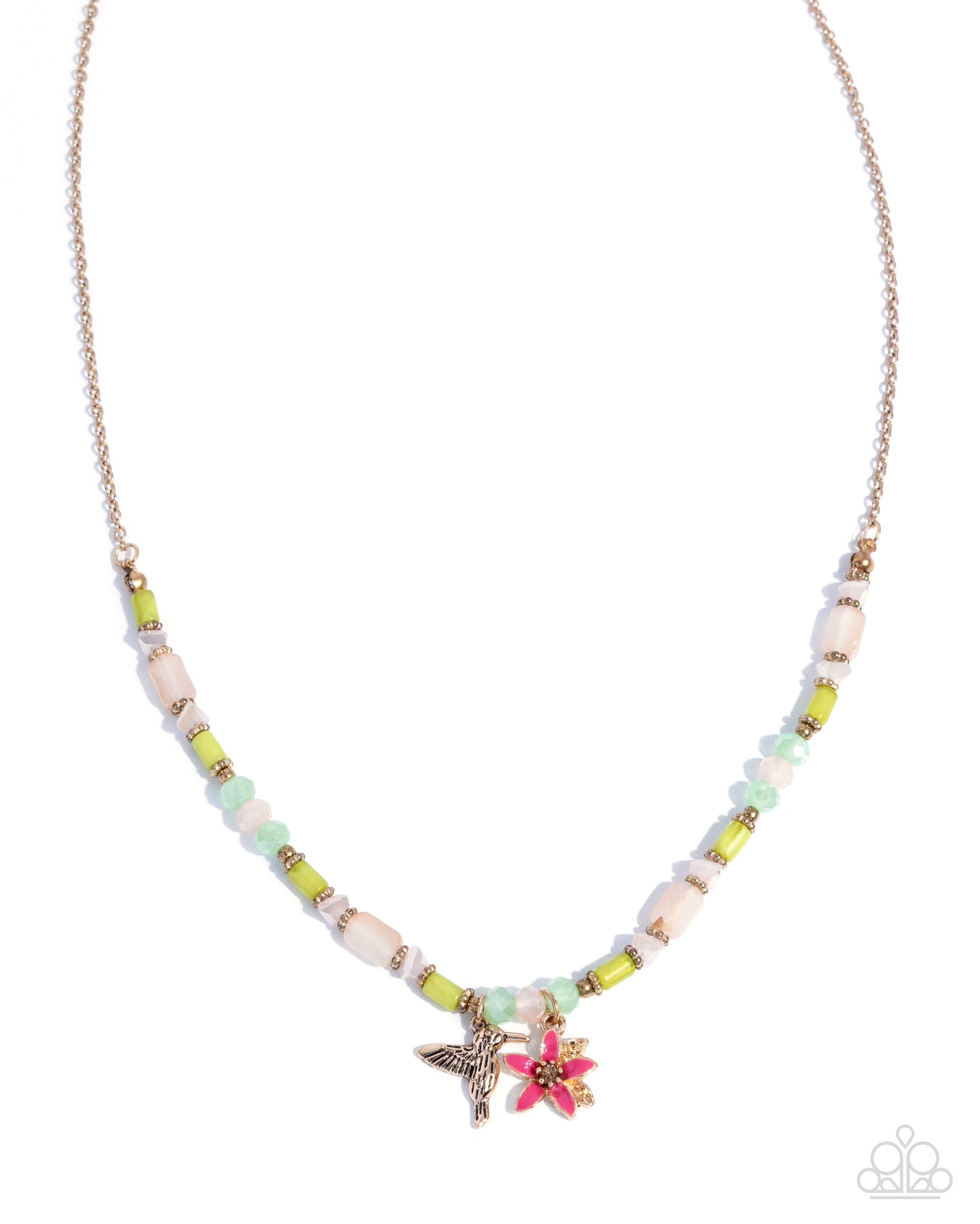 Hummingbird History - Pink Painted Flower Gold Necklace - Paparazzi Accessories