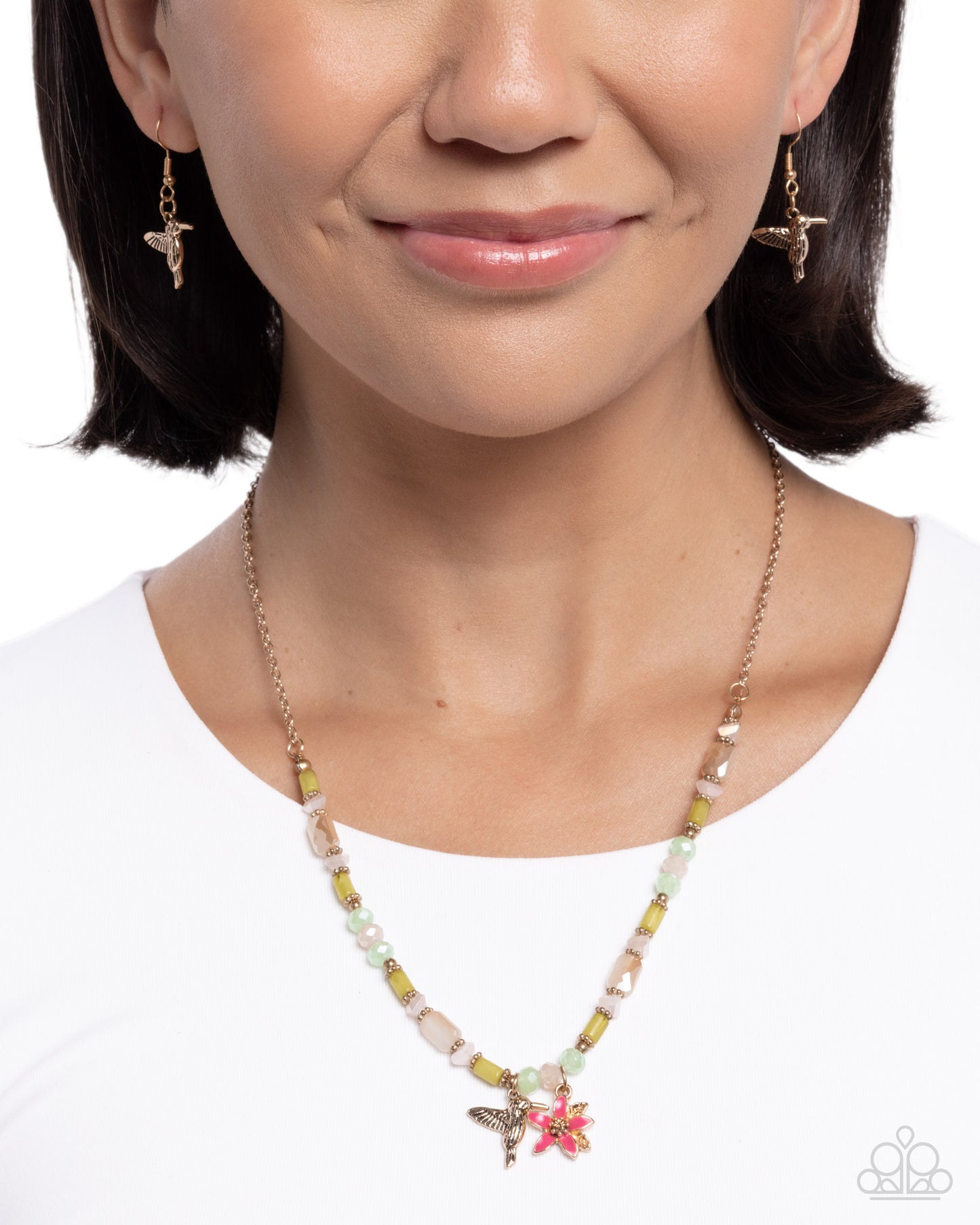 Hummingbird History - Pink Painted Flower Gold Necklace - Paparazzi Accessories