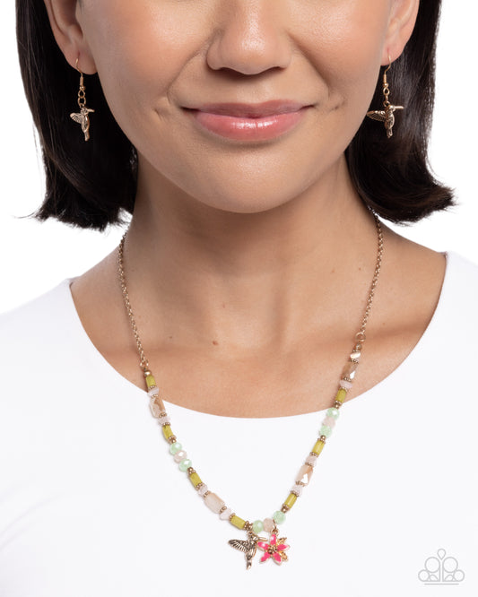 Hummingbird History - Pink Painted Flower Gold Necklace - Paparazzi Accessories