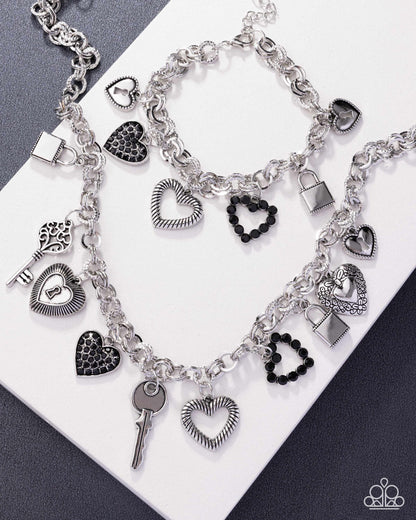 Intentional Influence - Complete Look - Black Rhinestone Silver Heart Charms - Paparazzi Accessories