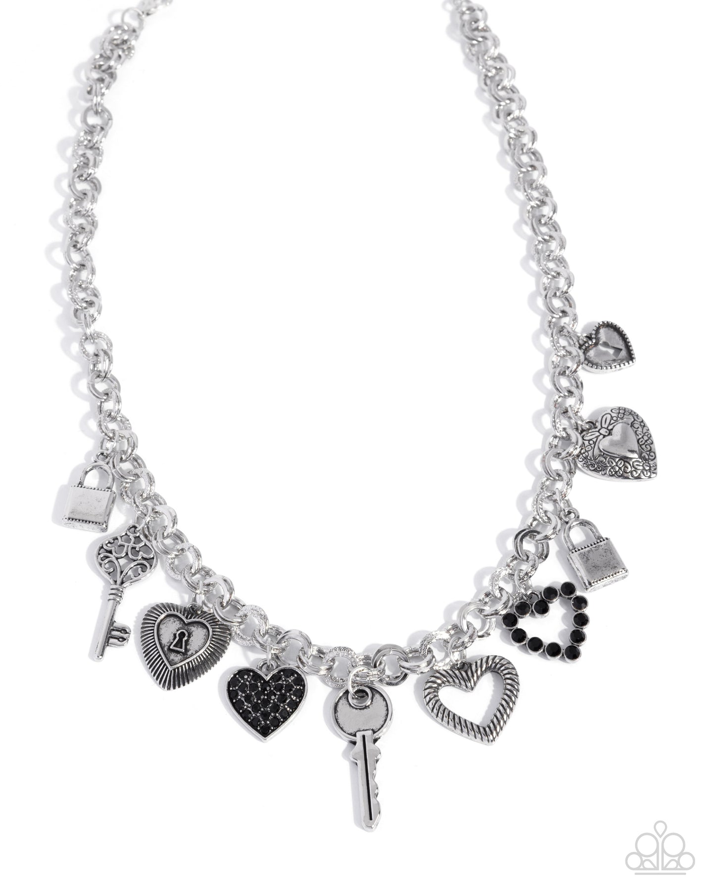 Intentional Influence - Complete Look - Black Rhinestone Silver Heart Charms - Paparazzi Accessories